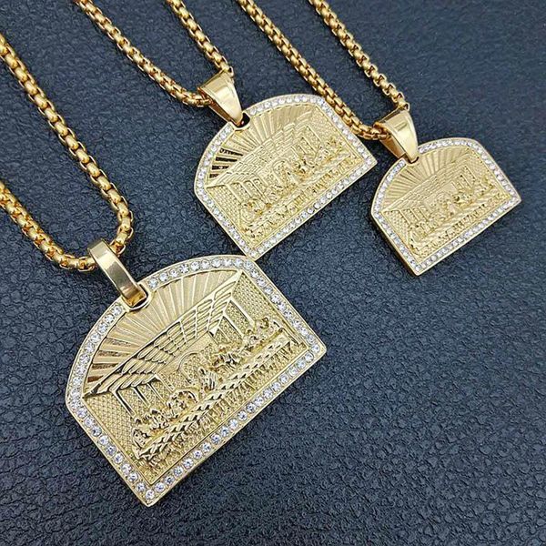 Pendant Necklaces featuring "The Last Supper" design with CZ stones, gold stainless steel, and geometric square shape for men's hip-hop jewelry