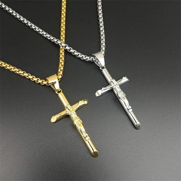 Pendant necklaces for men and boys featuring Jesus cross designs in stainless steel with gold or silver finishes, presented in a box as religious Christian jewelry gifts