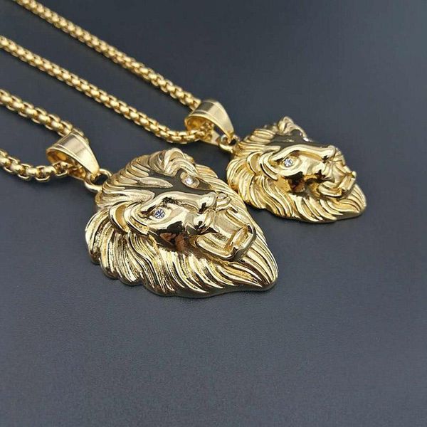 Pendant Necklaces Hip Hop Rock Bling Gold Color Stainless Steel Animal Male Lion Necklace For Men Rapper Jewerly With 24