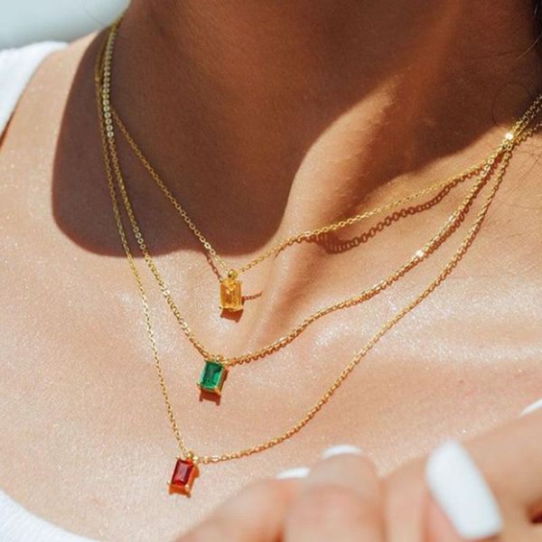 Pendant Necklaces Ins Simple Square Zircon Necklace Retro Emerald Titanium Steel Gold-plated Clavicle Chain Wild