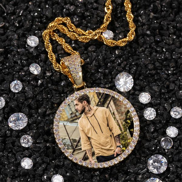 Personalized hip hop pendant necklace with custom photo, featuring iced-out CZ zircon and angel wing or round design for men and women