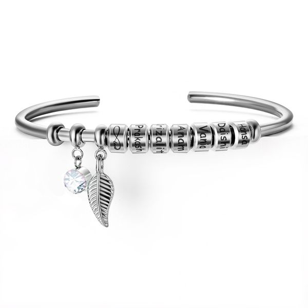 Personalized stainless steel open cuff bracelet with 12 birthstone colors and bohemian leaf design for women