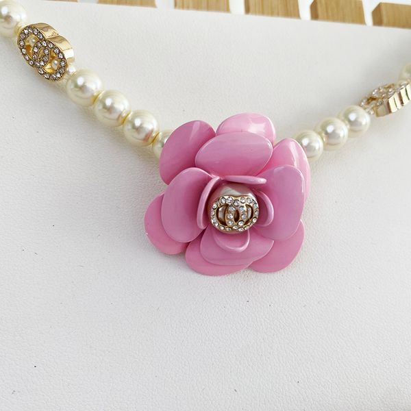 Pink pearl necklace with floral pendant, 18K gold-plated double-letter designer chain for women, a timeless wedding jewelry gift