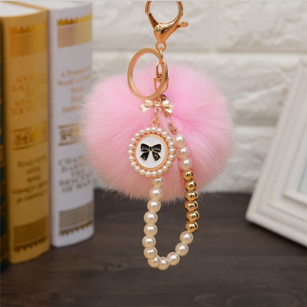 Pompom Fur Ball Keychain Pearl Chain Bowknot Car Bag Accessories Plush Keychains Lanyard keyrings women Creative Small Gifts key holder