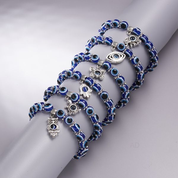 Popular antique silver-plated turtle charm bracelet with blue evil eye beads