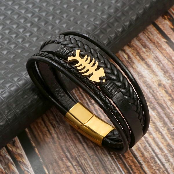 Popular layered leather fish charm bracelet with stainless steel buckle, ideal as a stylish gift for men