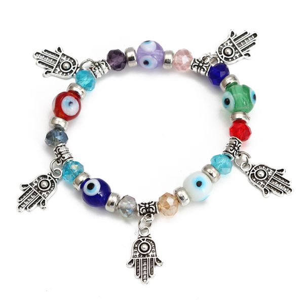 Popular vintage silver Fatima hand charm bracelet featuring blue evil eye beads