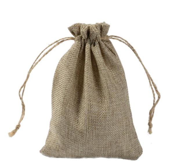Pouches for jewelry packaging in various sizes like 7x9cm, 9x12cm, 10x15cm, and 13x18cm, featuring original colors, made of mini jute, linen, or hemp, ideal as gift bags with drawstring closures