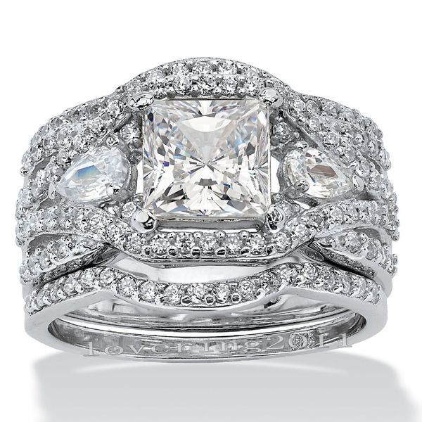 Princess-cut 7mm diamond set in 10KT white gold filled 3-in-1 engagement and wedding ring set, sizes 5-11