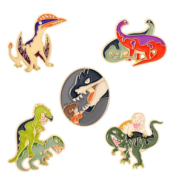 Punk-style 5-piece dinosaur brooch set with gold plating and enamel designs, perfect as cute animal-themed badges for kids' jewelry or gift accessories