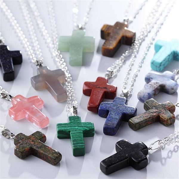 Punk-style jewelry featuring stainless steel chains with rose, purple tiger eye, opal, and natural quartz stone cross pendant necklaces