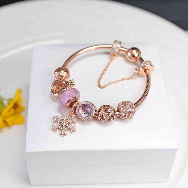 Purple cat's eye snowflake pendant bracelet, a rose gold winter gift for girls