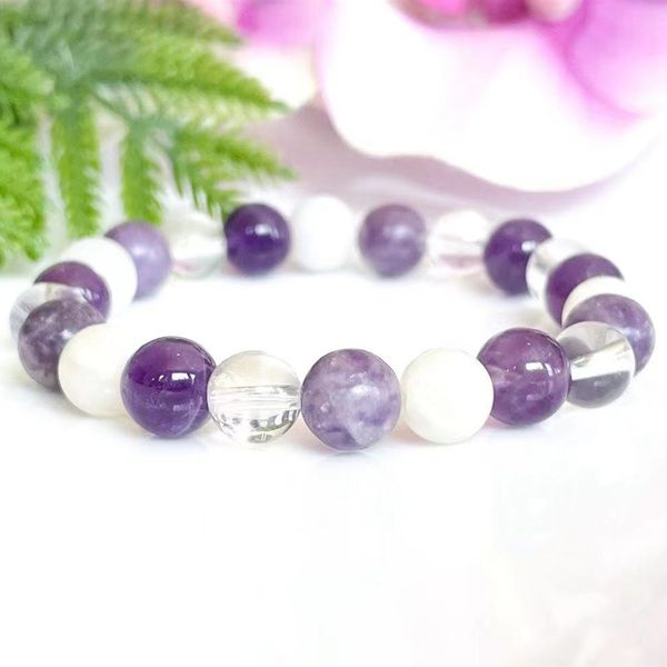Purple Crown Chakra Bracelet featuring Amethyst, Lepidolite, Clear Quartz, and Moonstone for healing and gemstone jewelry