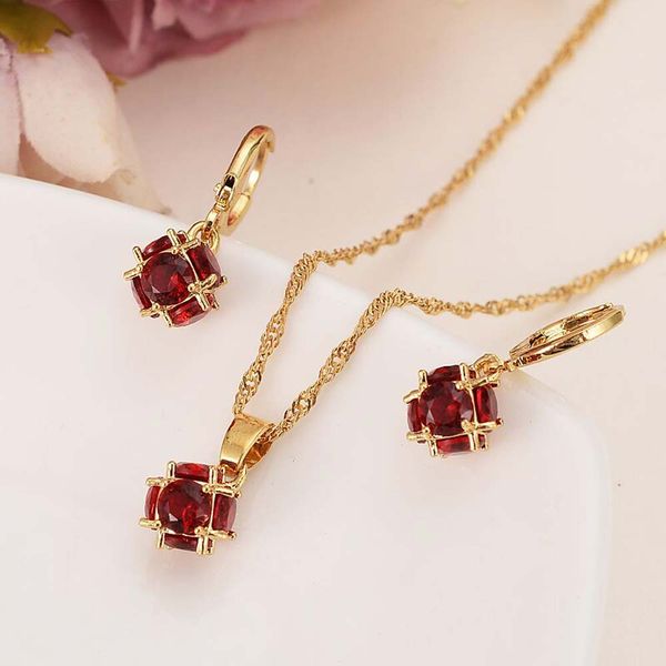 Queen Red ZirconCZ Bridal Jewelry Set featuring gold-plated necklace and pendant earrings for women