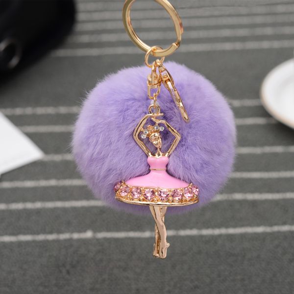 Rabbit Fur Ball Keychain with Pompom and Diamond Ballet Girl Pendant for Bags
