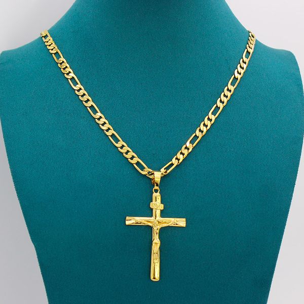 Real 10k Yellow Solid Fine Gold GF Jesus Cross Crucifix Charm Big Pendant 55*35mm Figaro Chain Necklace 24