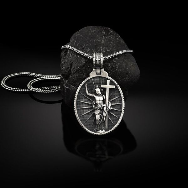 Resurrection Christian Jesus medallion Catholic pendant men's religious necklace
