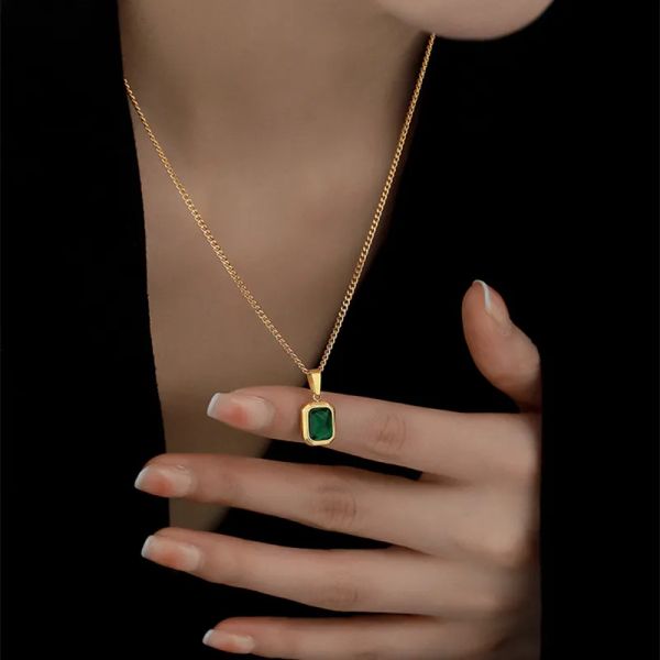 Retro-inspired square green zircon pendant necklace for women, crafted in 14k yellow gold, perfect for weddings and engagements