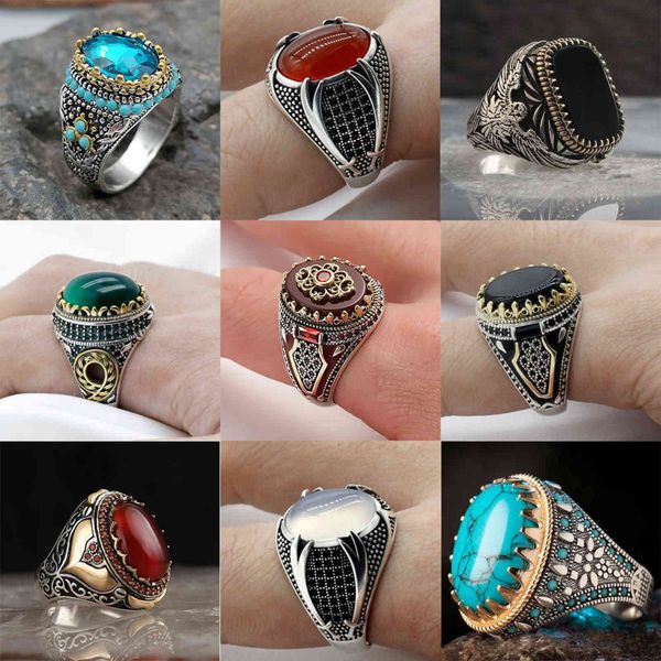 Retro-style luxury handmade red stone Turkish king crown ring for men and women, a trendy banquet jewelry gift