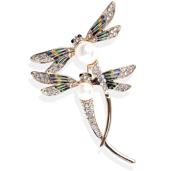 Rhinestone and crystal dragonfly brooch with pearl accents, perfect for women's party or wedding jewelry accessories