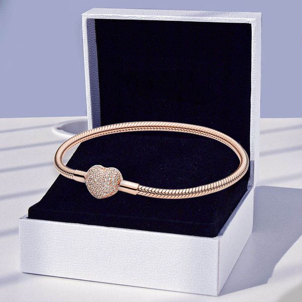Rose gold heart charm bracelet with snake chain, sterling silver jewelry set for women, includes gift box
