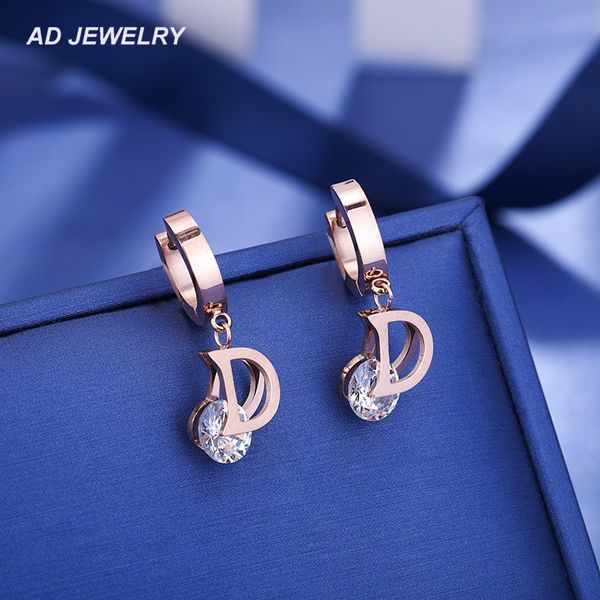 Rose Gold Plated Letter D Charm Round Zircon Earring Fancy Design Women Jewelry for Gift