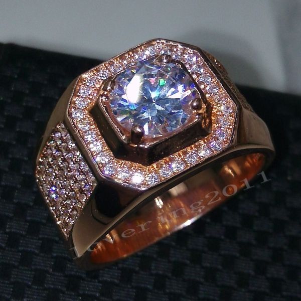 Rose gold ring featuring a 3ct round-cut diamond set in 925 sterling silver, perfect for men's engagement or wedding bands