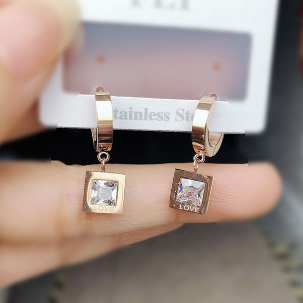 Rose Gold Stainless Steel Dangle Earring Square Black White Diamond Huggie Earrings for Women