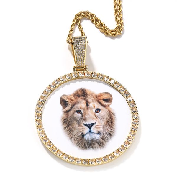 Round photo pendant necklace with zircon accents, available in three sizes for memorial keepsakes