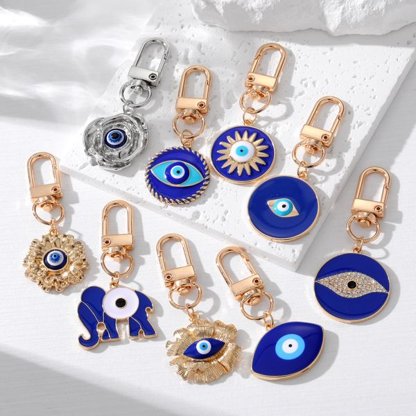 S3559 Enamel Evil Eye Round Elephant Keychains Pendant Key Ring For Man Woman Flower Blue Eyes Keychain