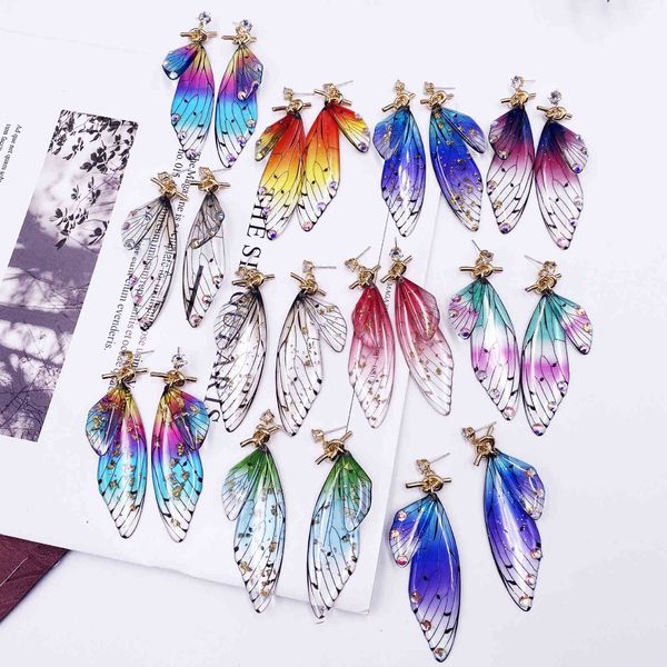 S925 Elegant Butterfly Crystal Earrings for Women, Chic Cicada Wing Design with Gradient Colors, a Popular Fresh Style