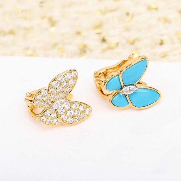 S925 silver butterfly earrings with diamond and blue turquoise stones, box stamped PS4021