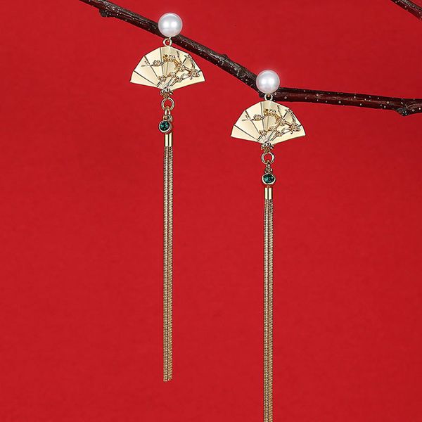 S925 Silver Fan-shaped Earrings with Long Tassels for Women, Ethnic Style, Face-Flattering Design