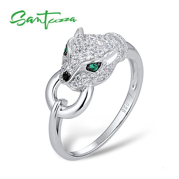 SANTUZZA 925 Sterling Silver Women's Ring with Green Spinel and White Cubic Zirconia in a Trendy Leopard Panther Design for Parties
