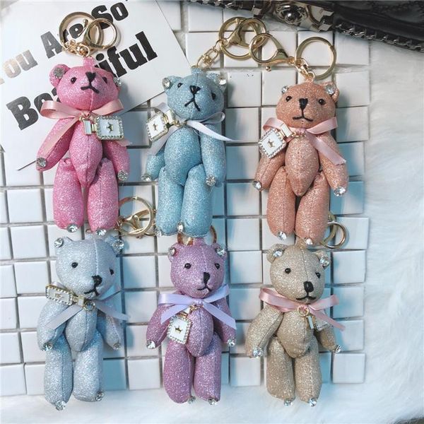 Sequins Key Chain Toys Doll Cartoon Ribbon Bow Crystal Bear Keychain Keyring For Women Bag Pendant Gift Accessories Porte Clef Charm