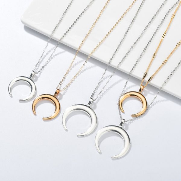 Silver and gold half moon pendant necklace for women with horn chain, a stylish stainless steel jewelry set