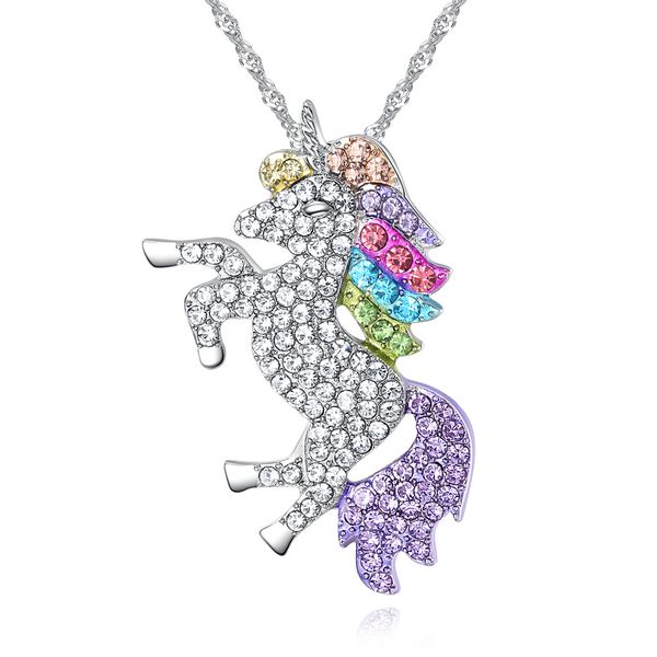 Silver rose gold chain necklace featuring a crystal unicorn pendant, fully adorned with rhinestones, perfect for women's fashion and Christmas parties