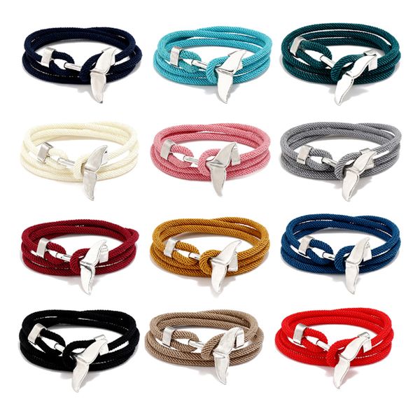 Silver whale tail anchor charm bracelet with braided rope chain for couples