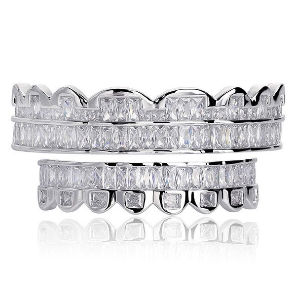 Silver-colored top and bottom grillz set for a stylish hip-hop dental look