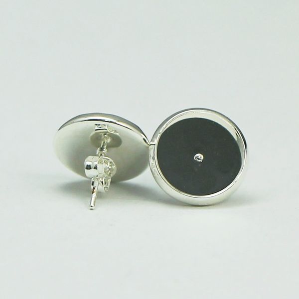 Silver-plated round stud earring bases with bezel trays for 12mm cabochons or resin, item ID 8266
