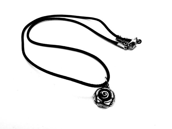 Simple Black Rose Flower Petals Pendant Necklace inspired by Beauty and the Beast, featuring a sunflower design on a leather cord