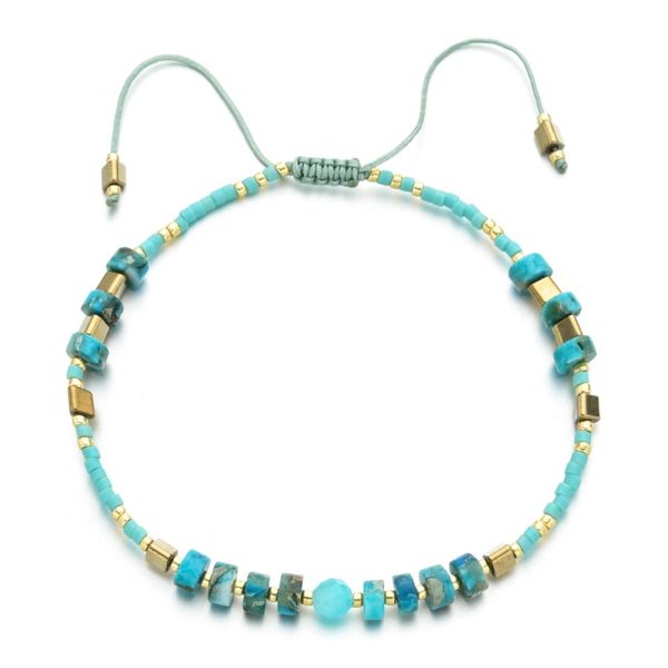 Simple rainbow-colored Japanese seedbead and natural stone adjustable bracelet for women