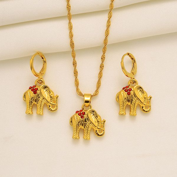 Simulated Diamond Ruby Elephant Earrings and Pendant Necklace Set in 14k Solid Yellow Gold with CZ