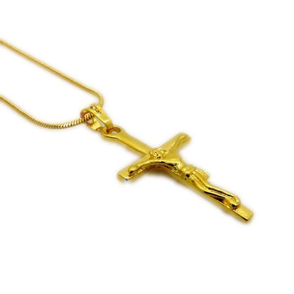 Small 18k gold-filled cross pendant with a smooth finish on a chain