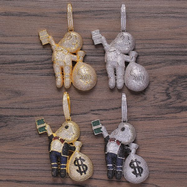 Small, high-quality brass necklace with CZ stones, featuring a cartoon money bag pendant for a hip-hop bling style