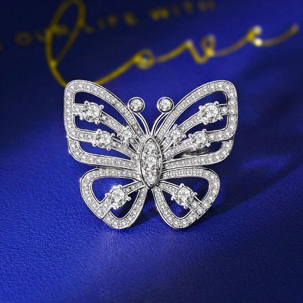 Solid 925 Sterling Silver Ring with Exaggerated Butterfly Design Featuring Moissanite Diamonds, Wholesale Wedding and Engagement Gift Cluster Ring