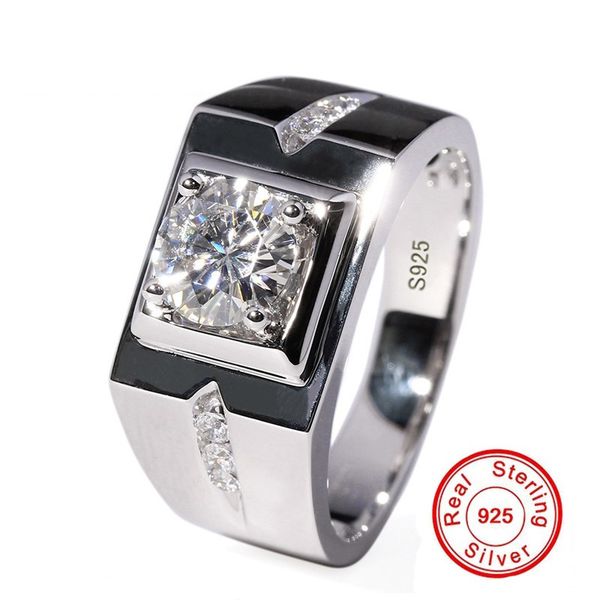 Solitaire men's 925 silver ring with 0.6ct diamond and CZ for engagement or wedding bands