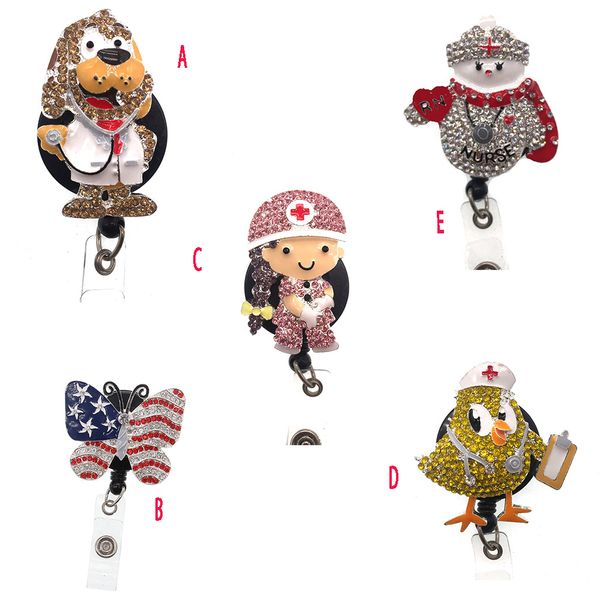 Sparkly rhinestone nurse badge reel with medical symbol, retractable in fun animal and seasonal shapes