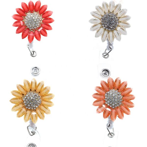 Sparkly Rhinestone Nurse Medical Doctor Key Ring with Retractable Sunflower Badge Clip