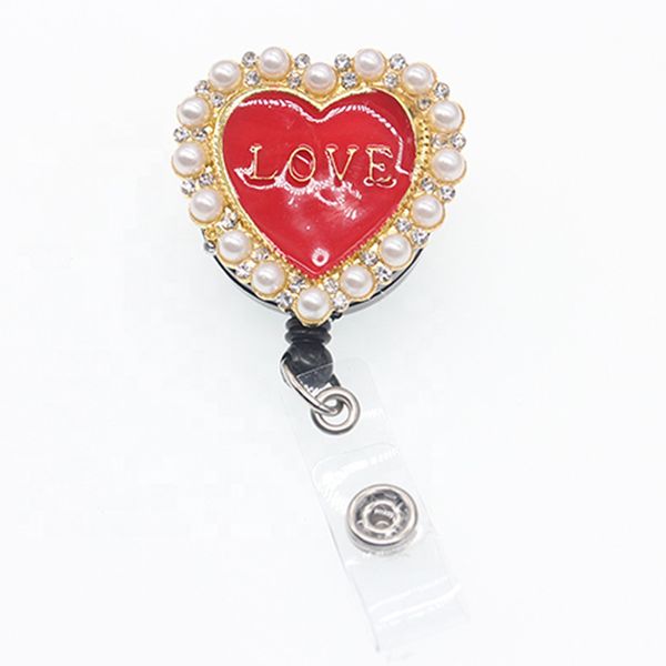 Sparkly rhinestone pearl heart-shaped key rings with retractable badge reels and alligator clips for students and office staff